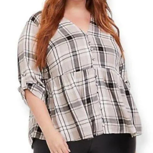 Torrid Babydoll BlousePlus Size 3X Gray Plaid Button Front 3/4 Sleeve