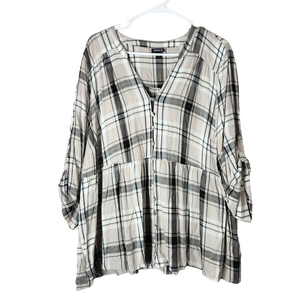 Torrid Babydoll BlousePlus Size 3X Gray Plaid Button Front 3/4 Sleeve