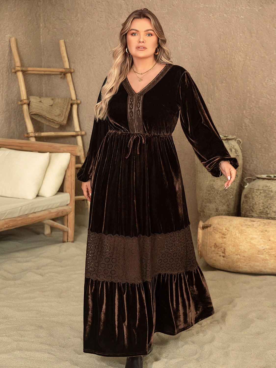plus size velvet dress with sleeves Plus Size V-Neck Balloon Sleeve Maxi Dress – Chantalle's Closet