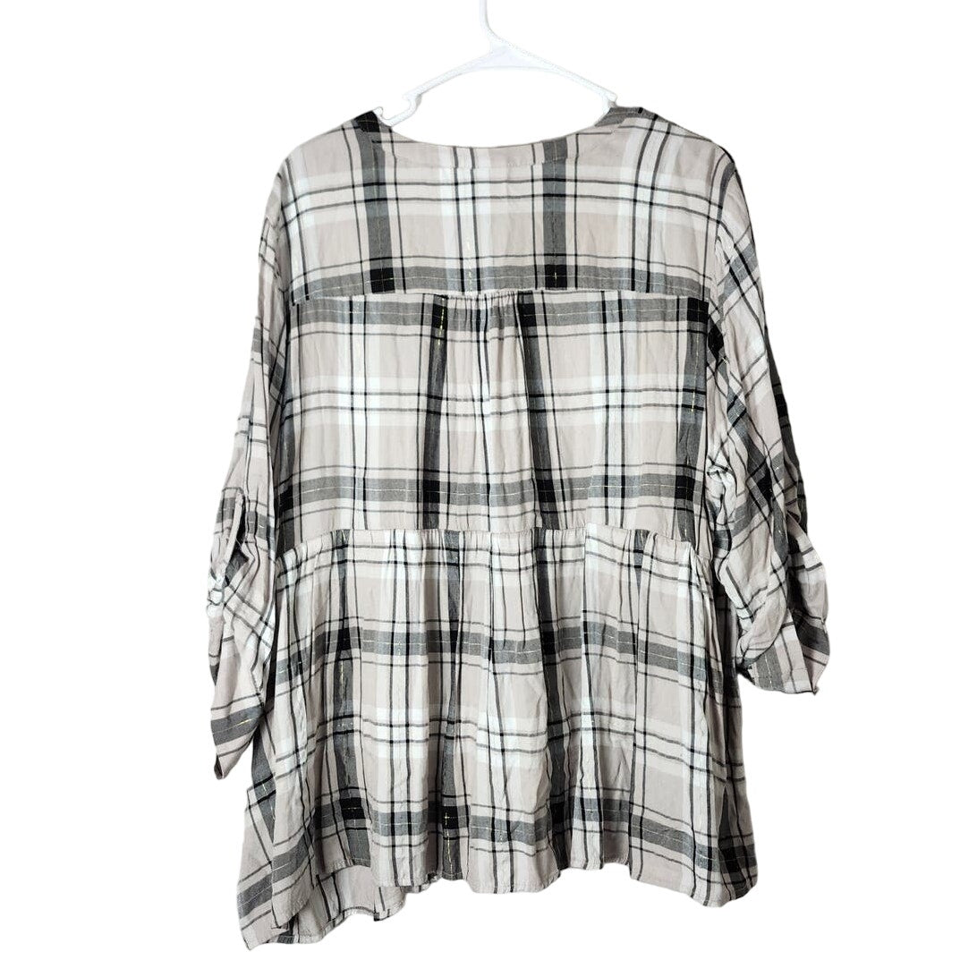 Torrid Babydoll BlousePlus Size 3X Gray Plaid Button Front 3/4 Sleeve