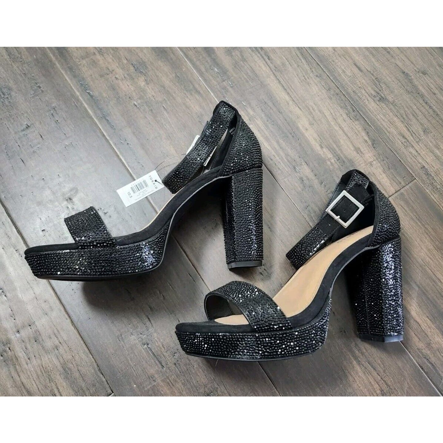 Torrid Embellished Platform Heels 10.5 WW Ankle Strap Black Sparkle Chunky