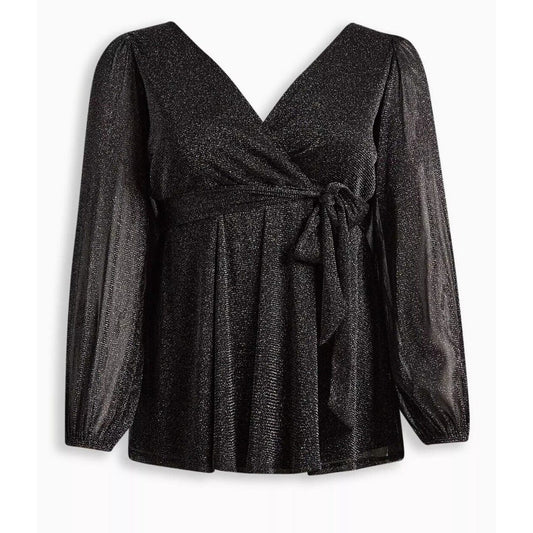 Torrid Blouse Plus Size 2X Glitter Lurex Surplice Peplum Black Metallic NWT