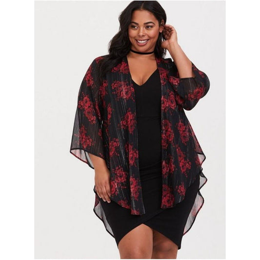 Torrid Kimono Plus Size 1X/ 2X Floral Black Red Shirttail Flowy Metallic Shimmer