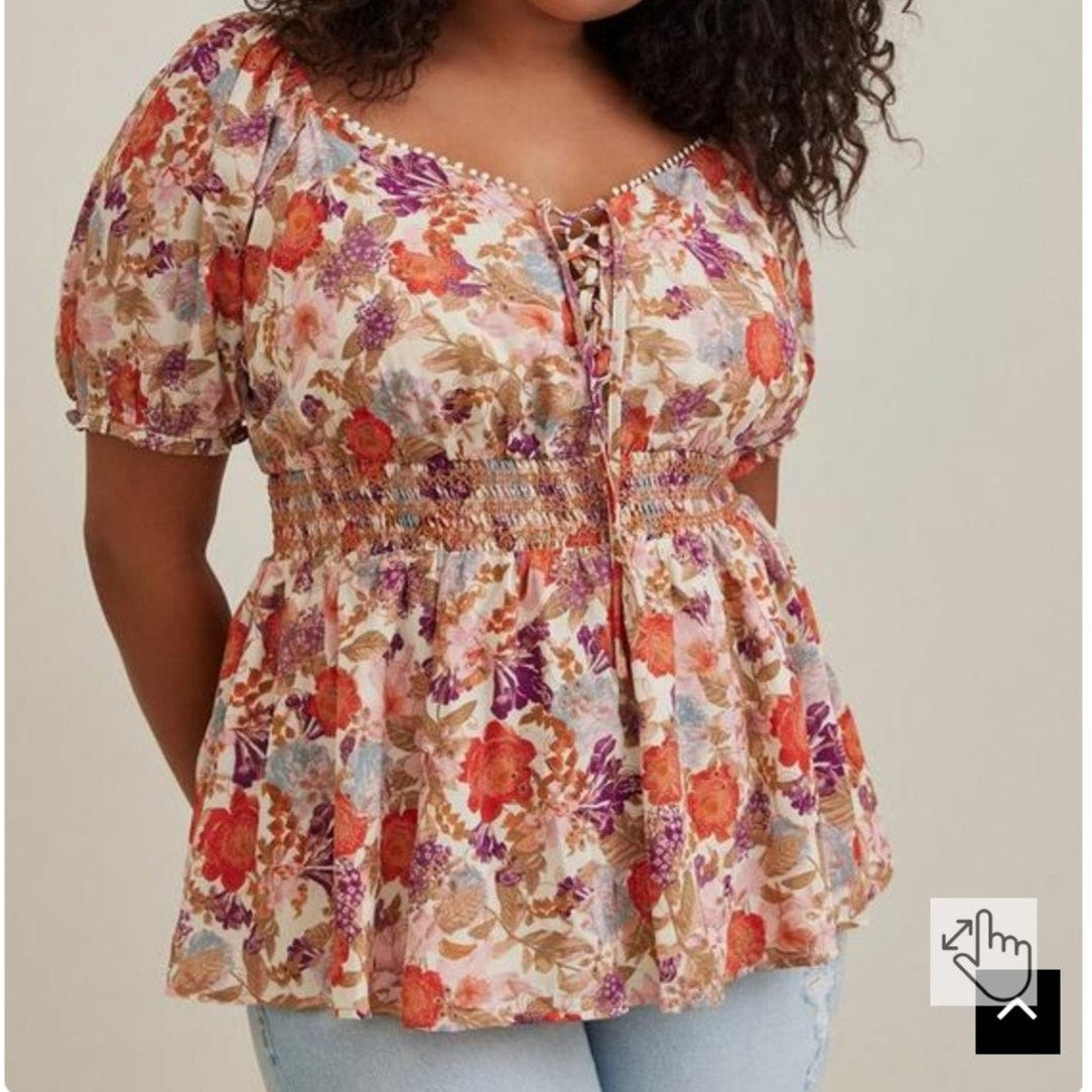 Torrid Blouse Floral Peasant Top Plus Size 4X Smocked Waist Embroidered Eyelet