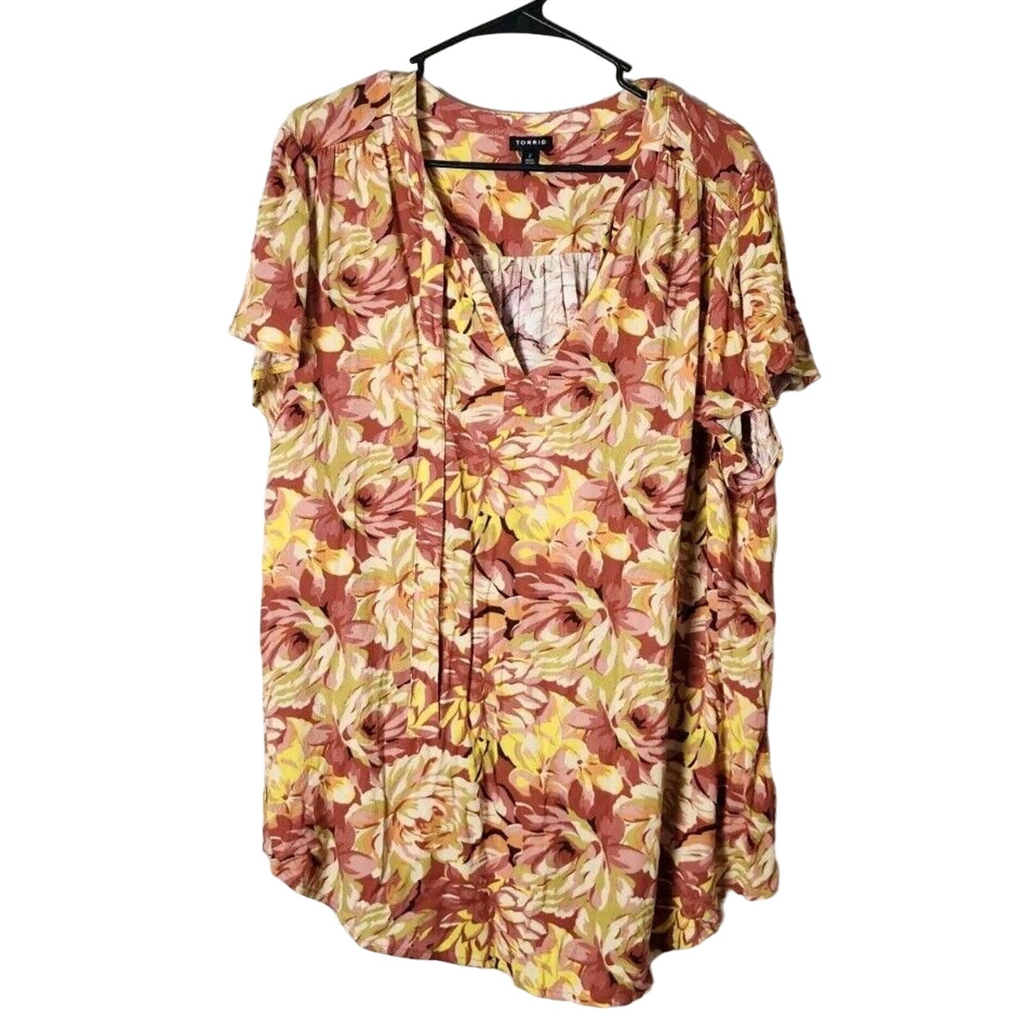 Torrid Blouse Plus Size 2X Gauze Floral Burnt Orange Yellow Short Sleeve