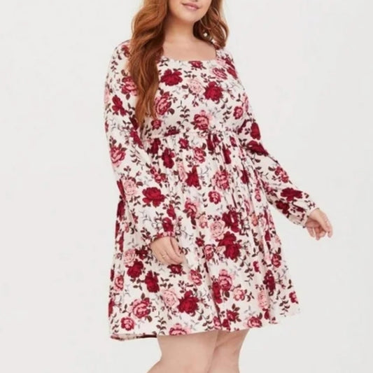 Torrid Skater Dress Plus Size 4X Red White Floral Long Sleeve