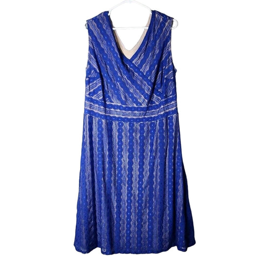 Dress Barn Signature Harper Dress Plus Size 16W Blue Lace Fit and Flare V-Neck