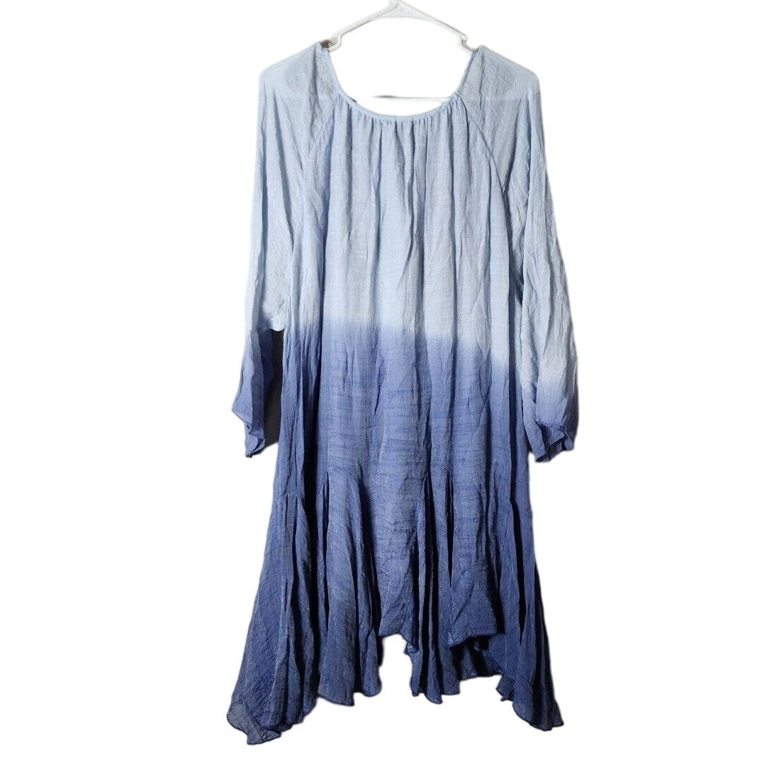 Indigo Soul Dress Plus Size 2XL Blue Ombre Embroidered Boho Peasant 3/4 Sleeve