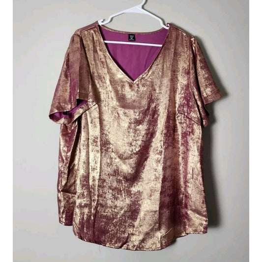 Shein Curve Blouse Plus Size 2X Metallic Gold Purple Short Sleeve V-Neck