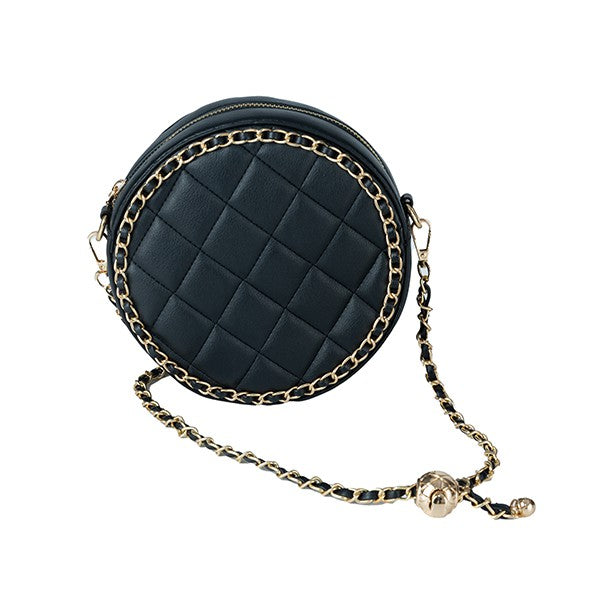 ROUND QUILTED CHAIN TRIM CROSSBODY BAG