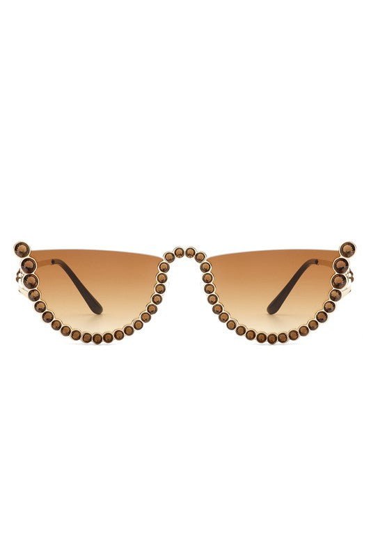 Half Frame Rhinestone Round Fashion Sunglasses