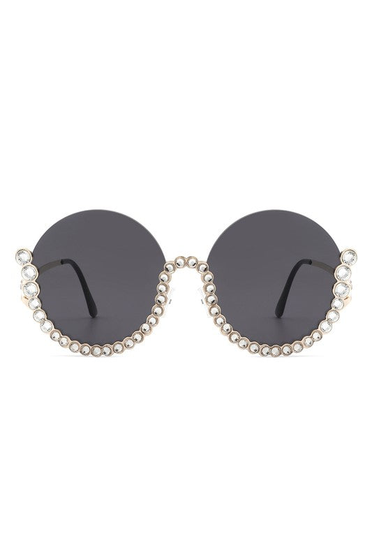 Half Frame Oversize Rhinestone Round Sunglasses