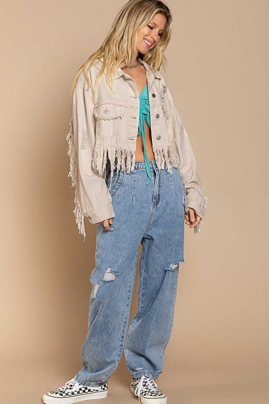 PLUS Fringe-Detailed Cropped Denim Jacket