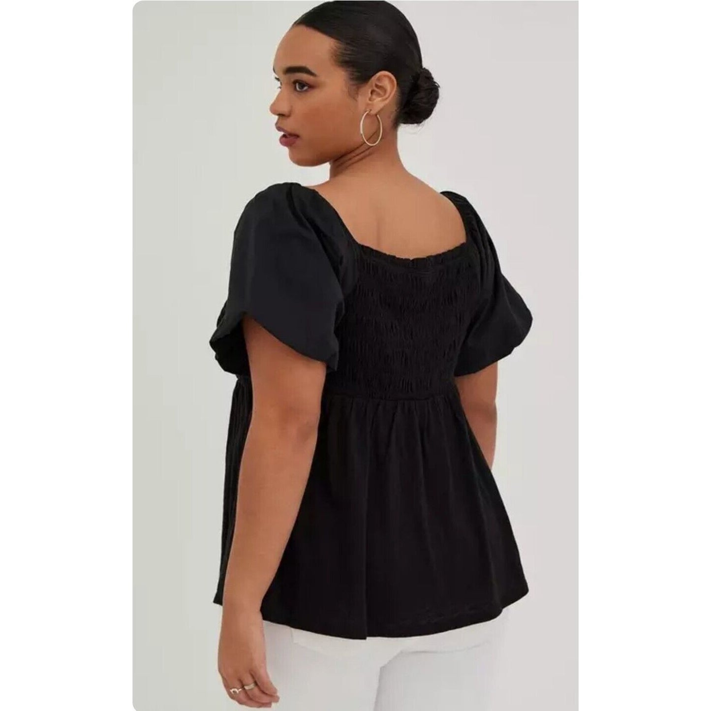 Torrid Babydoll Blouse Plus Size 3X Black Short Puff Sleeve Smocked