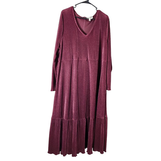 Terra & Sky Maxi Dress Plus Size 2X Long Sleeve Ribbed Velvet Burgundy