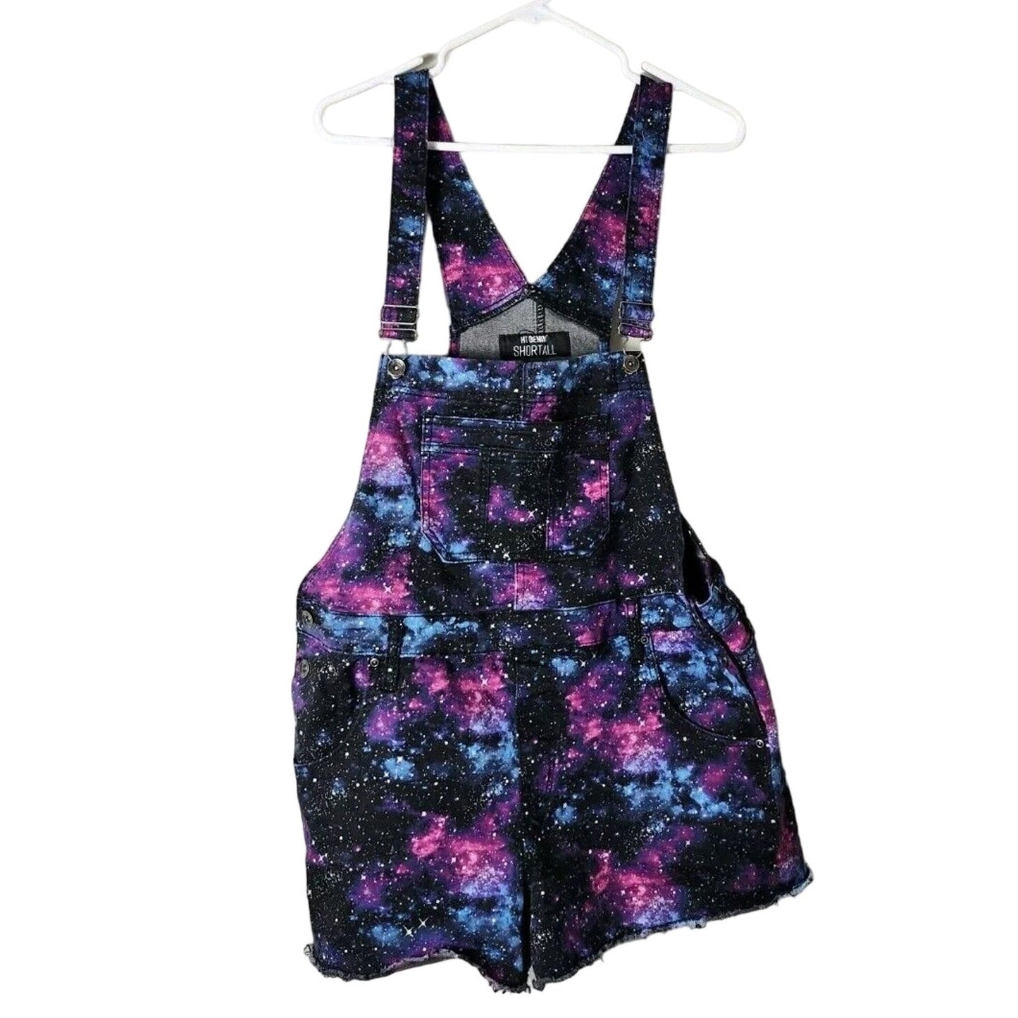 Hot Topic Galaxy Print Shortalls Size XL Overall Shorts Black Blue Purple Pink