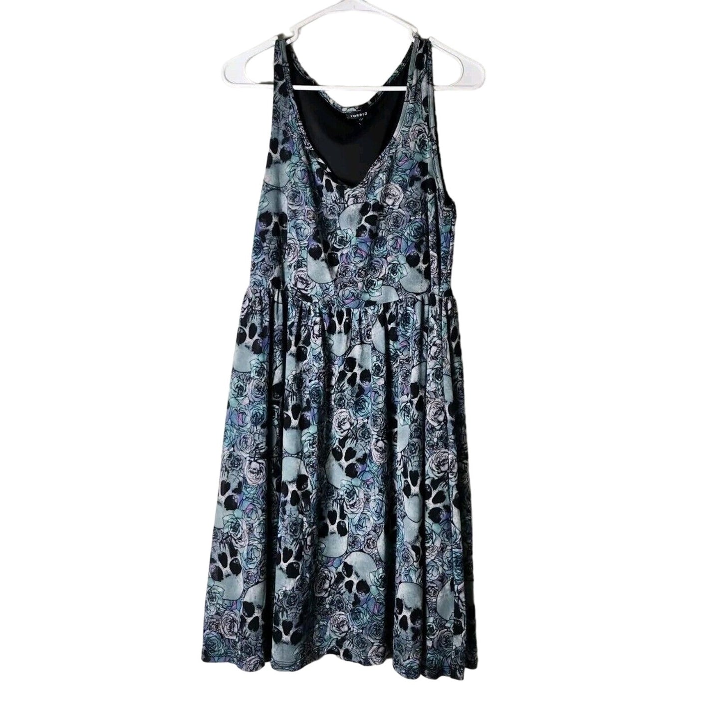 Torrid Skull Skater Dress Plus Size 0X Blue Floral Rose Stretch Mesh