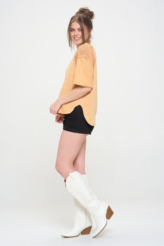 MINERAL WASHED SHORT SLEEVE FISHNET TOP