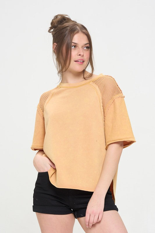 MINERAL WASHED SHORT SLEEVE FISHNET TOP