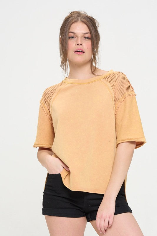 MINERAL WASHED SHORT SLEEVE FISHNET TOP