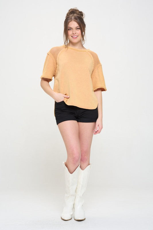 MINERAL WASHED SHORT SLEEVE FISHNET TOP