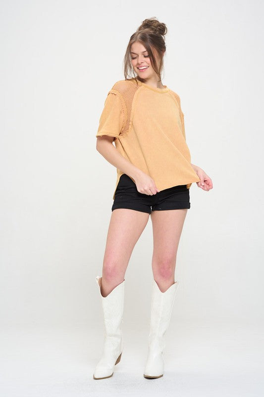 MINERAL WASHED SHORT SLEEVE FISHNET TOP