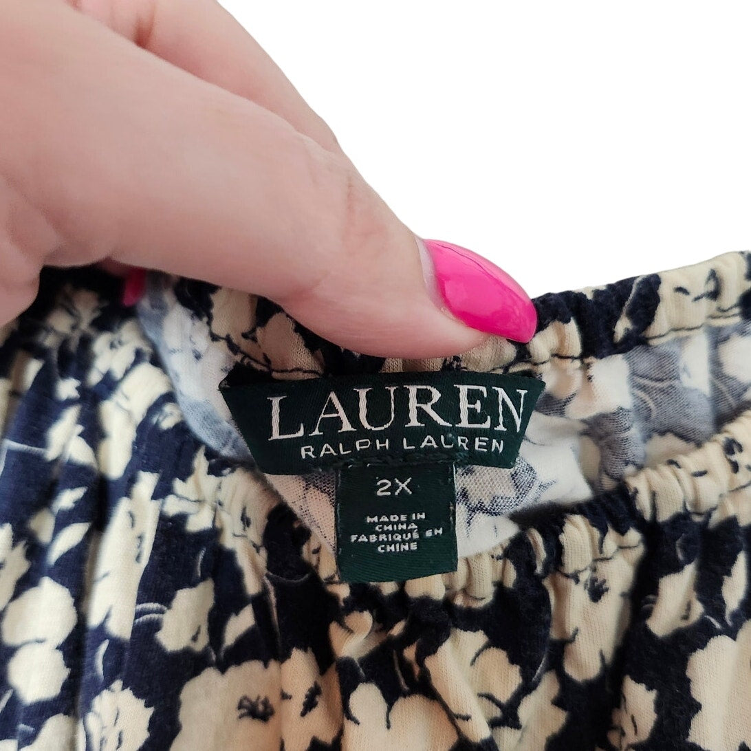 Lauren Ralph Lauren Blouse Top Plus 2X Blue Cream Floral Off Shoulder 3/4 Sleeve