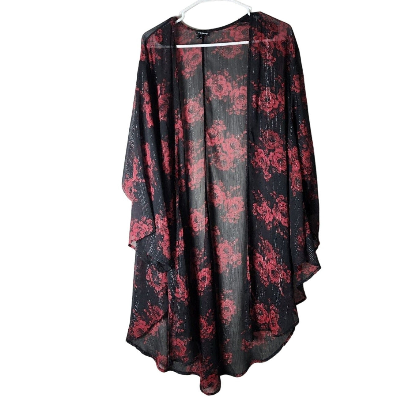 Torrid Kimono Plus Size 1X/ 2X Floral Black Red Shirttail Flowy Metallic Shimmer