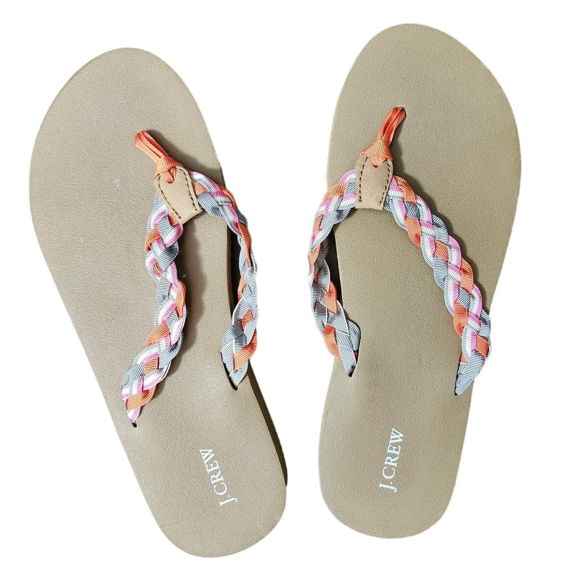 J. Crew Thong Flip Flops Orange Pink Gray Braided Ribbon Size 8