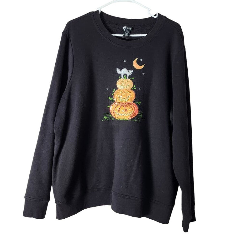 Holiday Editions Vintage Halloween Sweatshirt Plus Size 1X Black Sequin Pumpkin