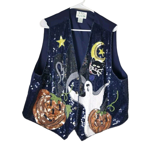 The Quacker Factory Vintage Halloween Vest Plus Size 1X Ghost Pumpkin Sequin