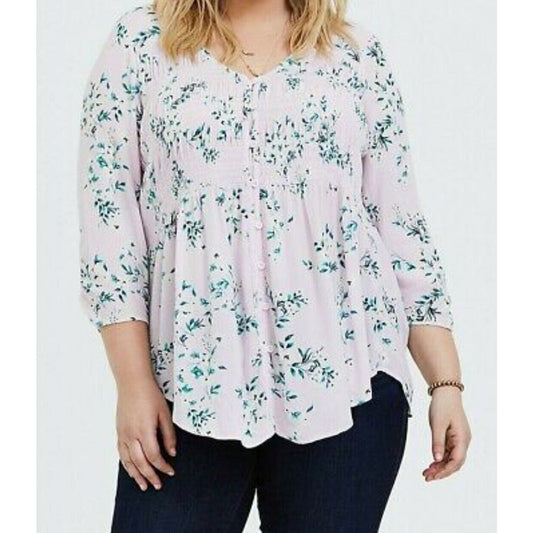 Torrid Blouse Plus Size 3X Crinkle Gauze Light Lavender Floral Button Front