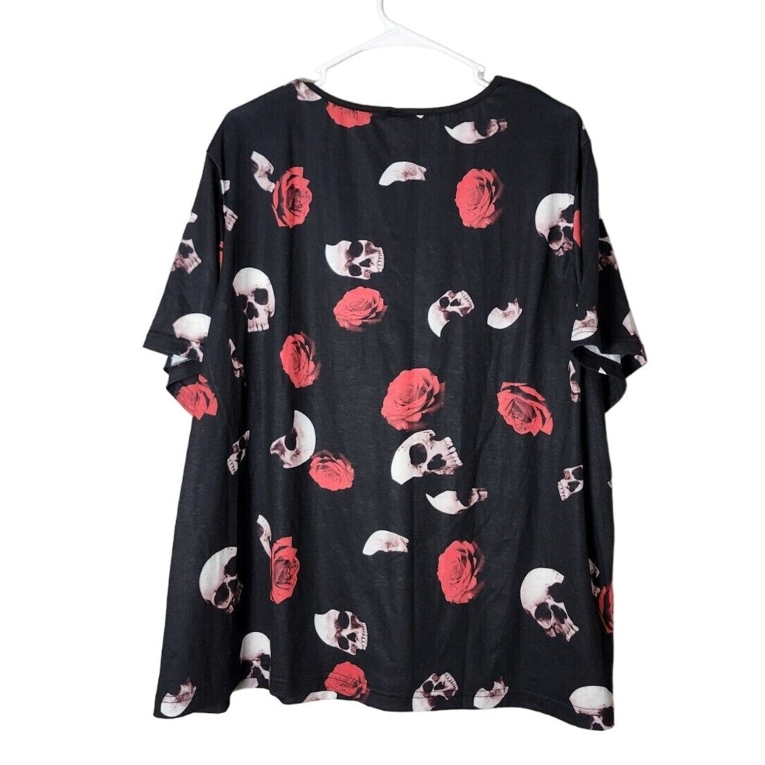 Shein Curve Skull T-Shirt Plus Size 4X Black Red Rose Print Short Sleeve