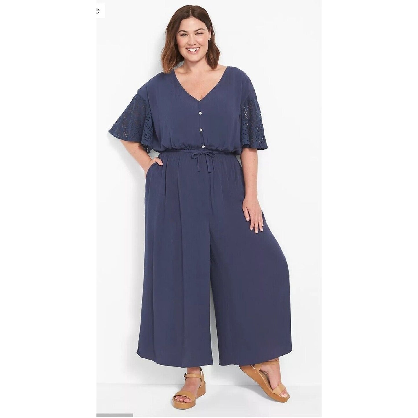 Lane Bryant Jumpsuit Plus Size 18 Blue Short Flutter Sleeve V-Neck Elastic Waist