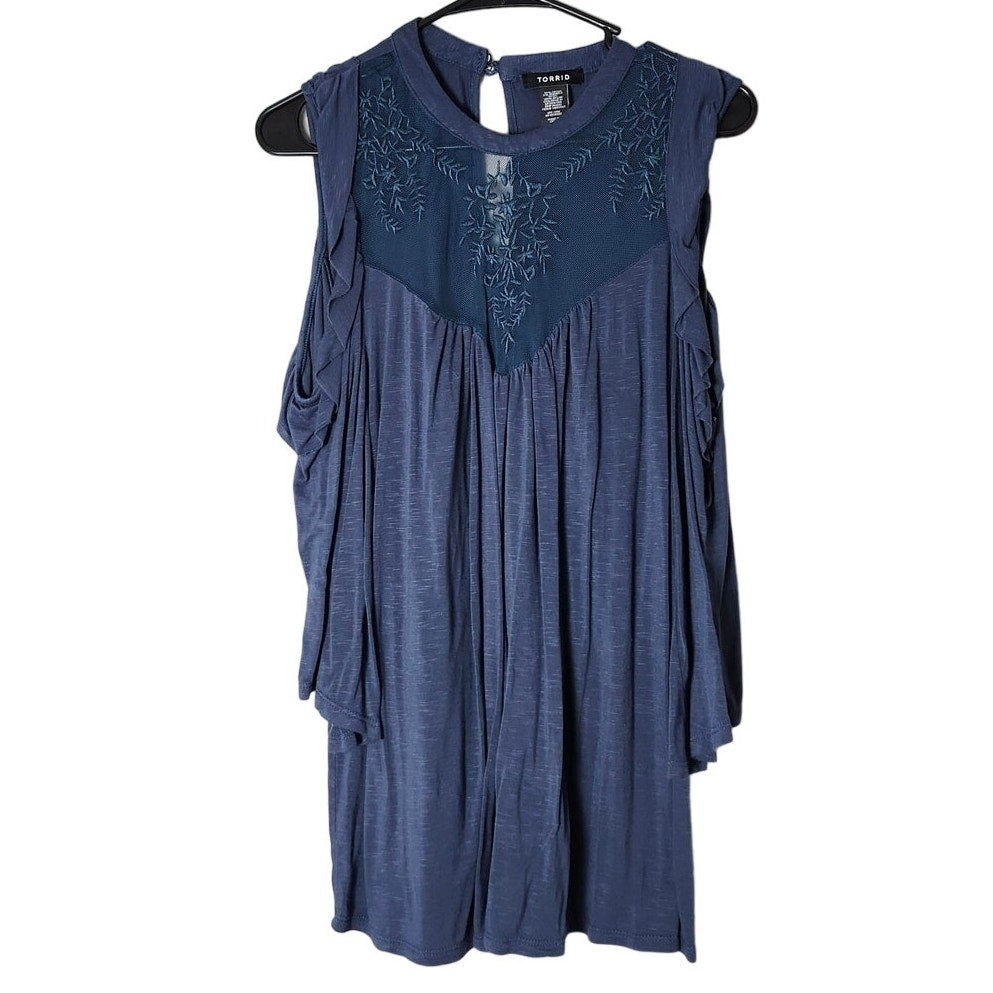 Torrid Cold Shoulder Blouse Plus Size 1X Blue Embroidered Mesh Neck