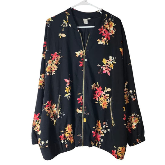 Ava & Viv Floral Bomber Jacket Plus Size 2X Black Full Zip