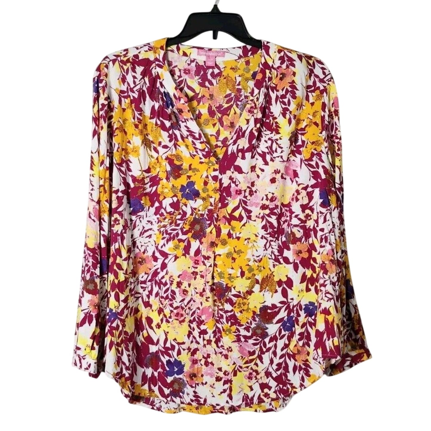 Woman Within Blouse Top Plus Size 26/28 Yellow Pink Floral V-Neck Long Sleeve