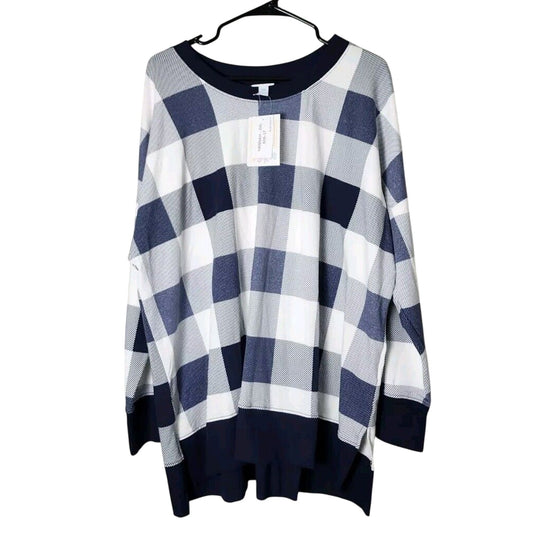 Lularoe Hannah Sweatshirt Plus Size 2X Blue White Buffalo Plaid Crew Neck