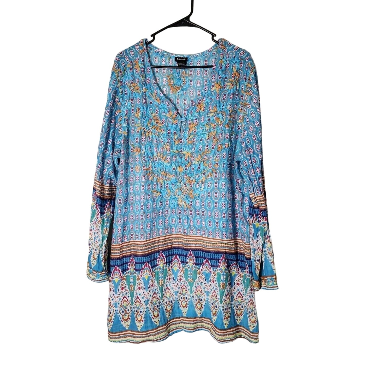 Simi Tunic Blouse Plus Size 2X Blue Floral V Neck Hand Embroidered Long