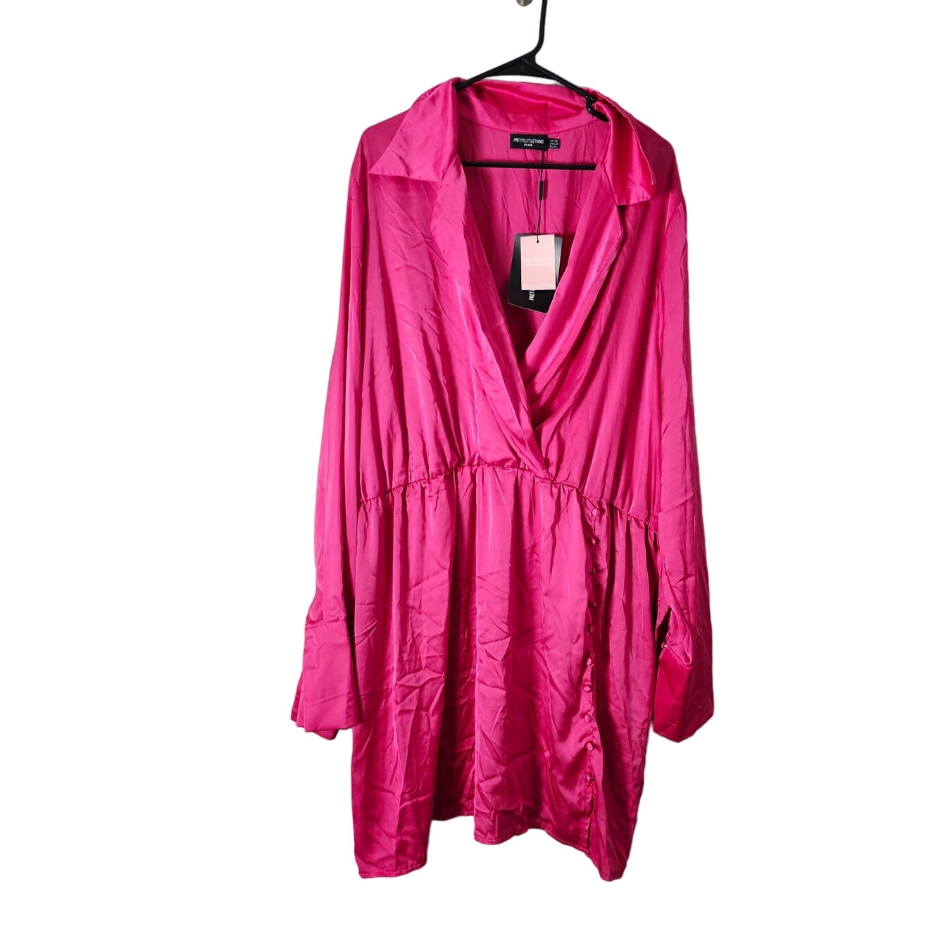 Pretty Little Thing Mini Shirt Dress Plus Size 22 Pink Satin Wrap Front NWT