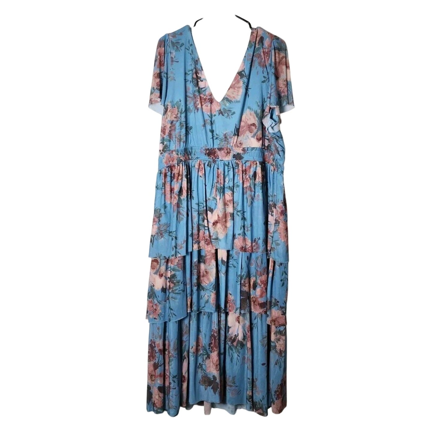 Maurices Midi Dress Plus Size 2X Blue Floral Tiered Ruffle Short Flutter Sleeve