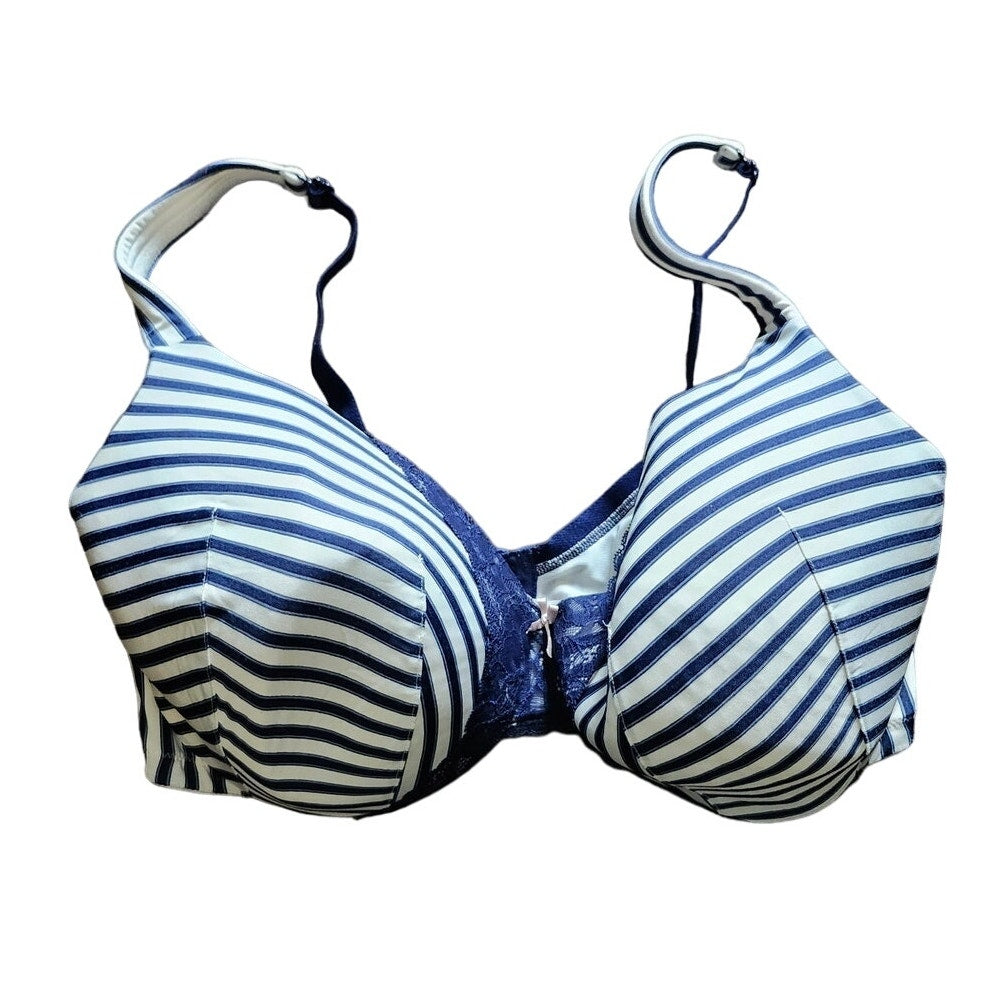 Cacique Full Coverage Bra Blue White Striped Lightly Lined Underwire Size 42DDD