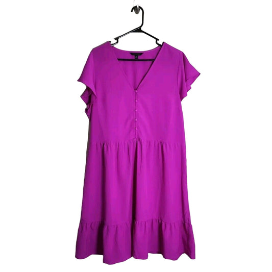 Banana Republic Tiered Fit & Flare Dress Size XL Purple Button Flutter Sleeve