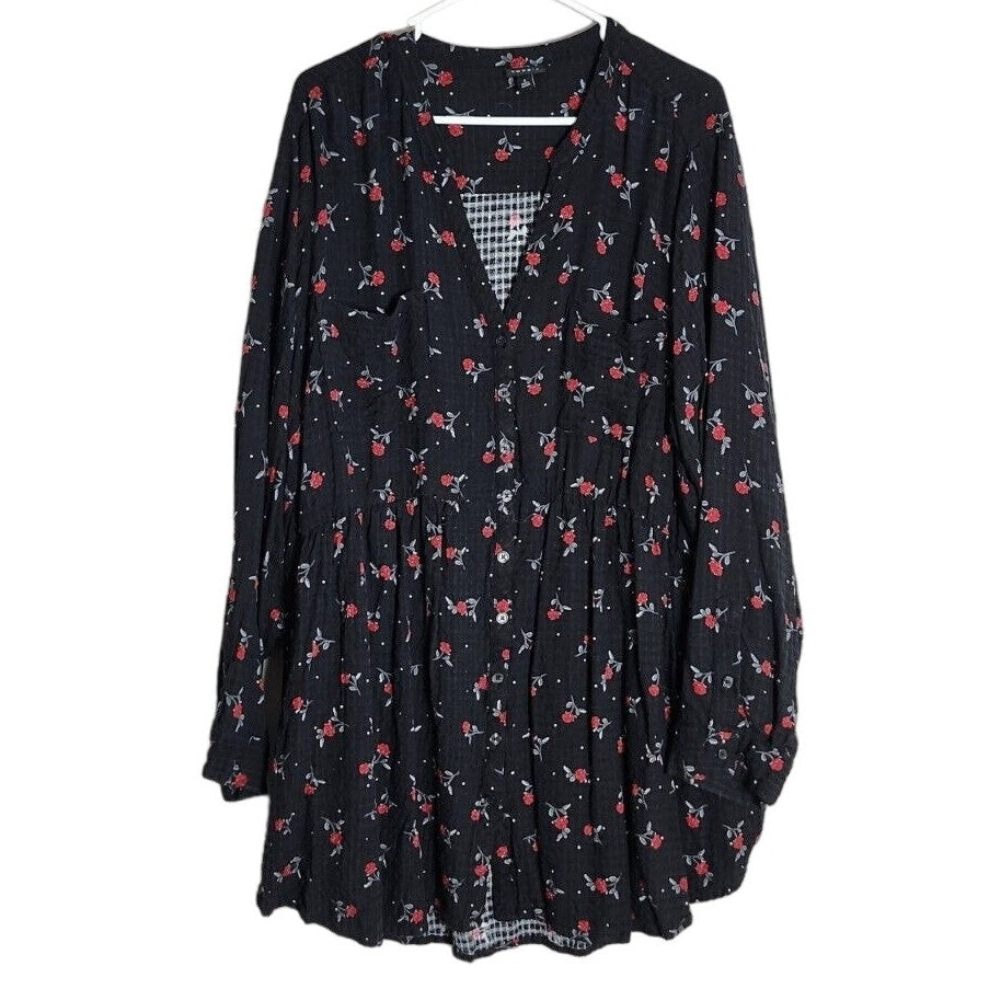 Torrid Emma Babydoll Tunic Blouse Size 4X Black Red Floral Crinkle Gauze