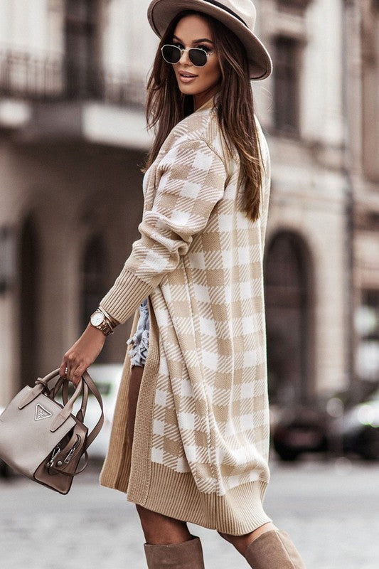 Women Khaki Open Front Plaid Long Cardigan