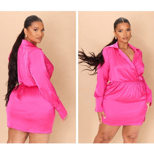 Pretty Little Thing Mini Shirt Dress Plus Size 22 Pink Satin Wrap Front NWT