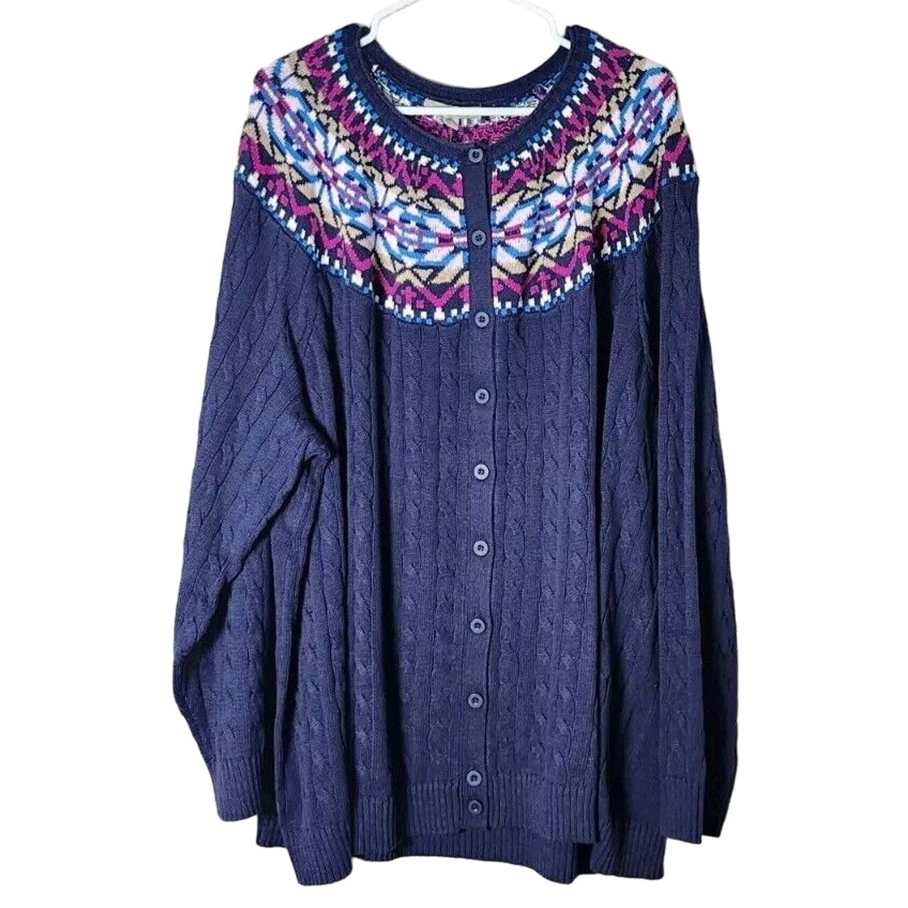 Woman Within Fair Isle Cardigan Plus Size 30/32 Blue Button Front Knit