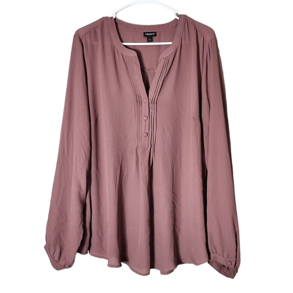 Torrid Georgette Blouse Plus Size 1X Mauve Pink Long Sleeve Button V-Neck