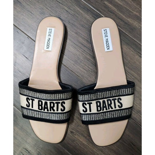 Steve Madden Knox Sandals Slides St Barts Logo Embroidered Black Tan Size 10