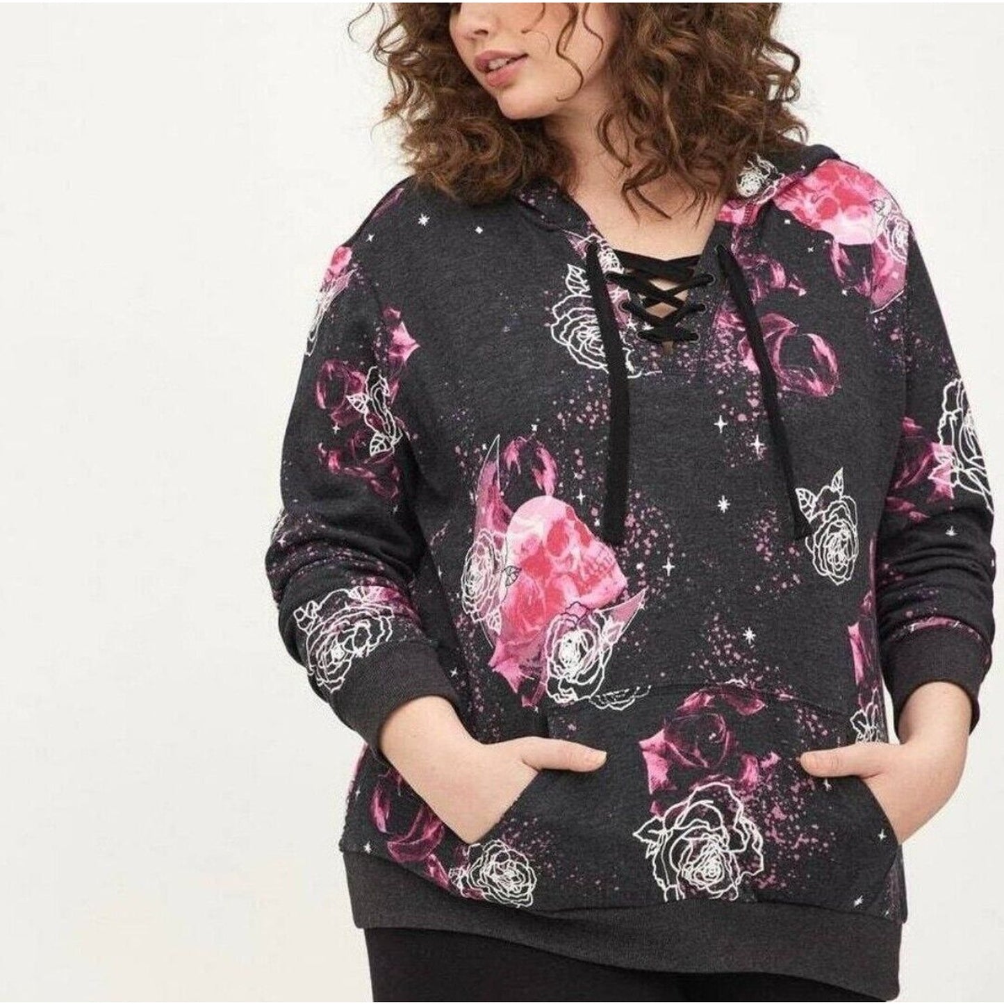 Torrid LoveSick Hoodie Sweatshirt Plus Size 4X Floral Skull Black Pink